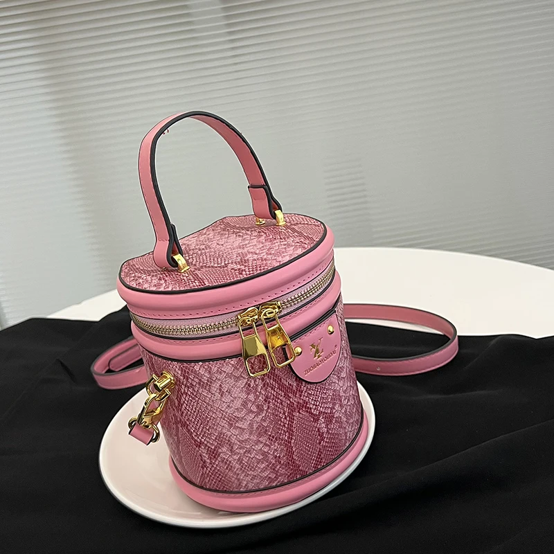 Round Bucket Handbag Purse Vintage Snake Pattern Crossbody Bag For Women 2022 Mini Small Bag Trendy Messenger Bag Luxury Tote