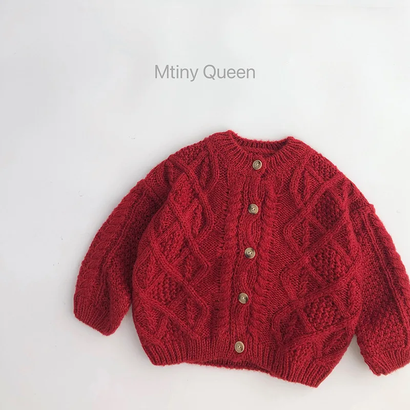 Kids' Red Knit Cardigan, Warm Button-Front Sweater for Boys Girls, Retro Style Knitted Outerwear for  2025 New Autumn Winter