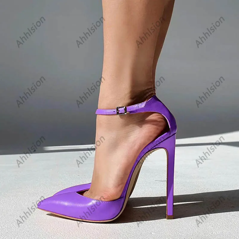 Ahhlsion Women Spring Pumps Buckle Strap Thin Heels Pointed Toe Beautiful Pink Purple Party Shoes Ladies US Size 5-15