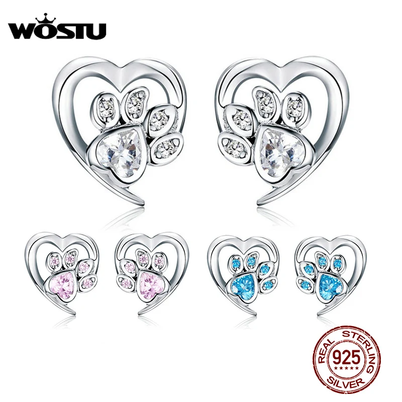 

Серьги-гвоздики WOSTU из стерлингового серебра 925 пробы с отпечатком собачьей лапы и сердечком для женщин, стильные маленькие серьги с цирконием, милые маленькие серьги, ювелирные изделия CQE654-WH