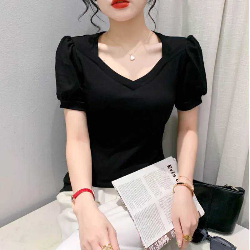 #5370 Red Black Puff Sleeve T Shirt Femme V-neck Sexy Short Women\'s T-shirt Slim Cotton Elasitc Women\'s Tee Shirt Summer