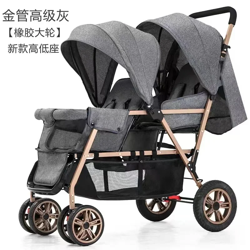 Cochecitos de bebé gemelos, asiento delantero y trasero doble, carrito plegable portátil para niños