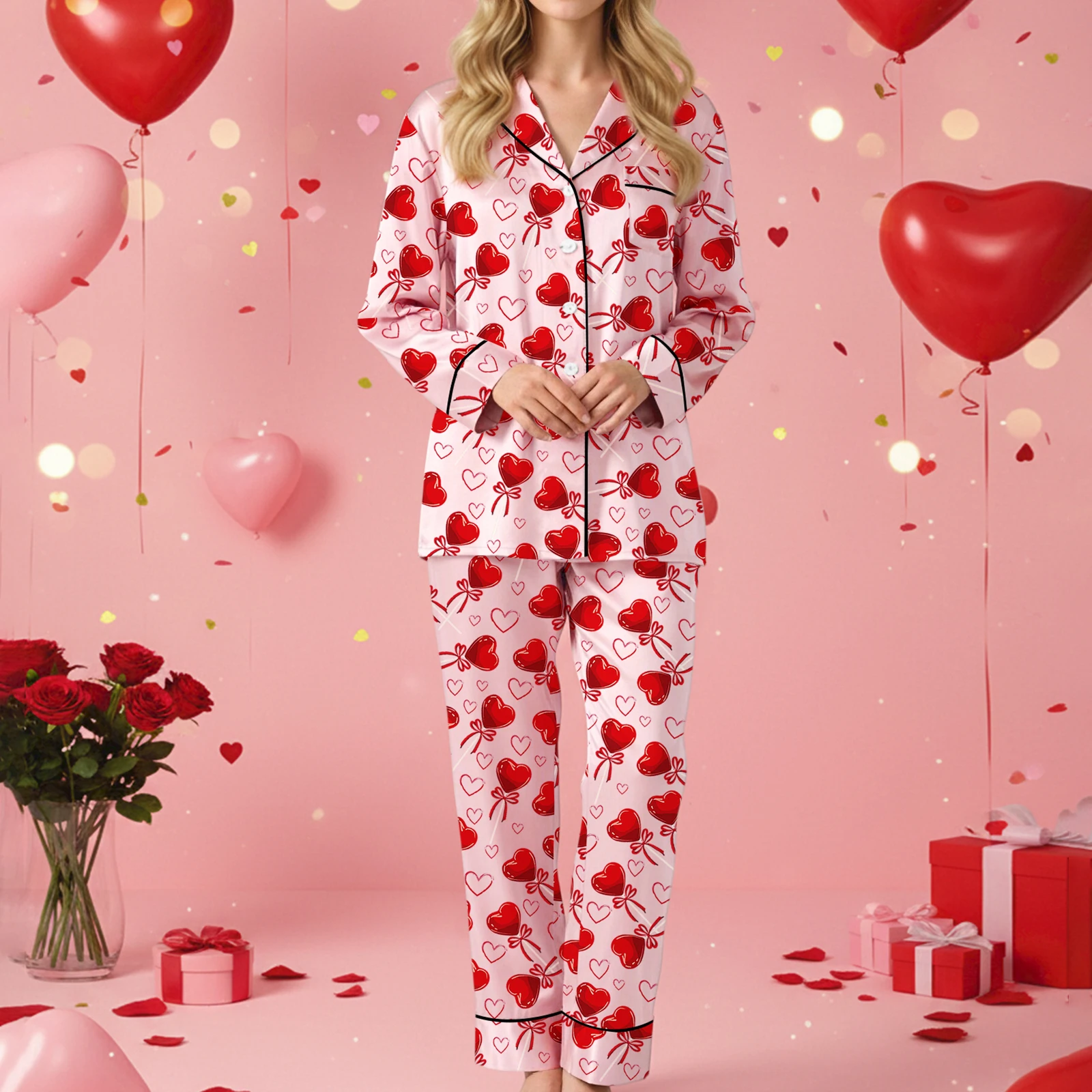 

Женский пижамный комплект из 2 предметов на День святого Валентина: рубашка с длинными рукавами и принтом в виде сердечек и бантиков + брюки, комплект для отдыха