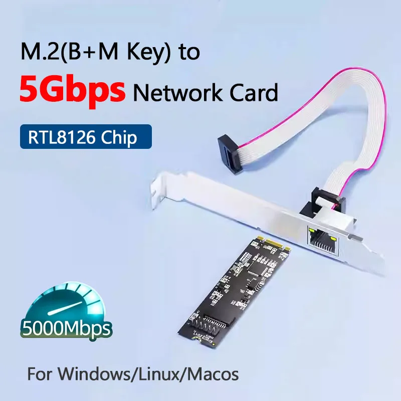 M.2 5Gbps Ethernet NIC Network Card 5GBase-T 1Port 5000Mbps M.2 B Key M Key to PCIe Ethernet Card RTL8126 RJ45 LAN Controll Card