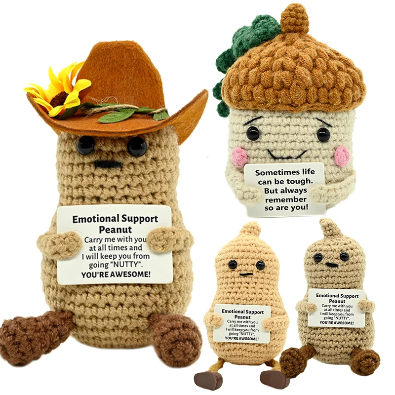 Nut Series Positive Energy Crochet Cute Nuts and Peanuts Handmade Knitted Doll with Encouragement Card Mini Desk Decor Gift