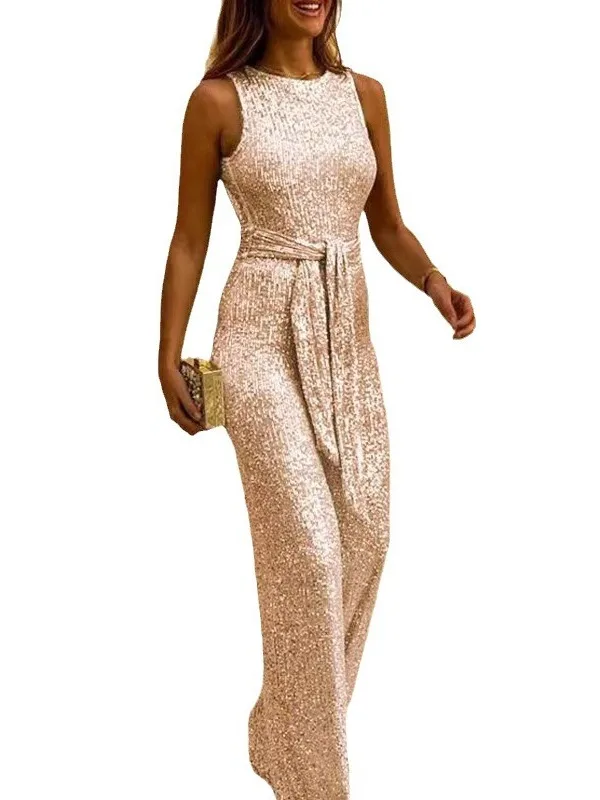 Faionable rond Ne Svel Sexy paillettes argent point tempérament décontracté femmes une pièce costume taille haute jambe large pantalon