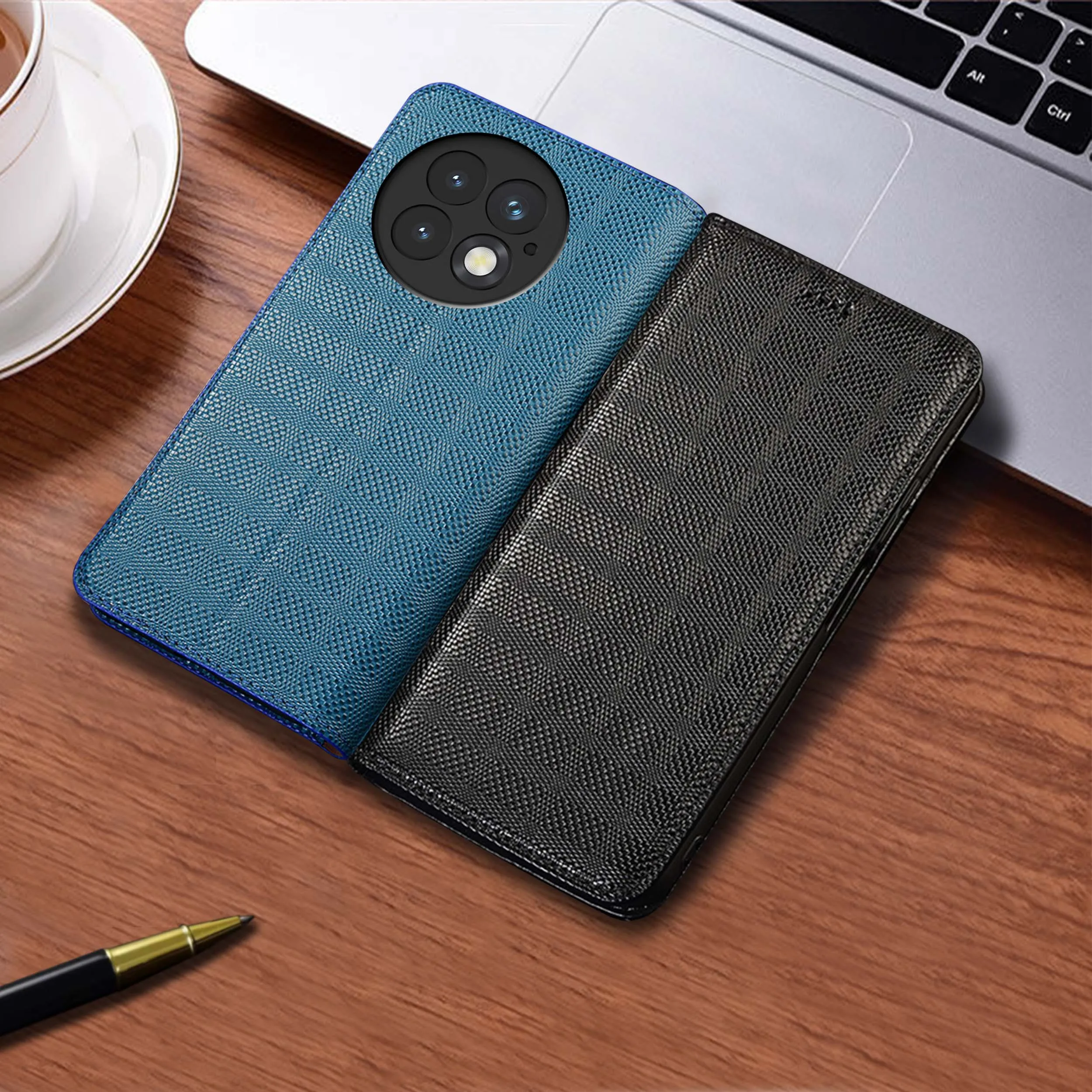 

For Oneplus 6 6T 7 7T 8 8T 9 9R 9T 10R 10T 11 12 12R 13 13R 13T Pro Crosshatch Pattern Genuine Leather Flip Phone Case Cowhide