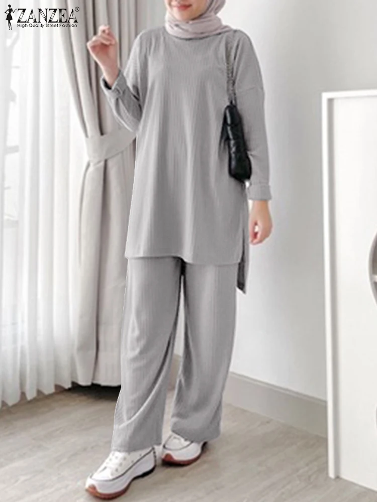 ZANZEA Muslim Suits Islamic Clothing Casual Long Sleeve Blouse Pants Sets Summer Tracksuits 2PCS Women Elegant Matching Sets