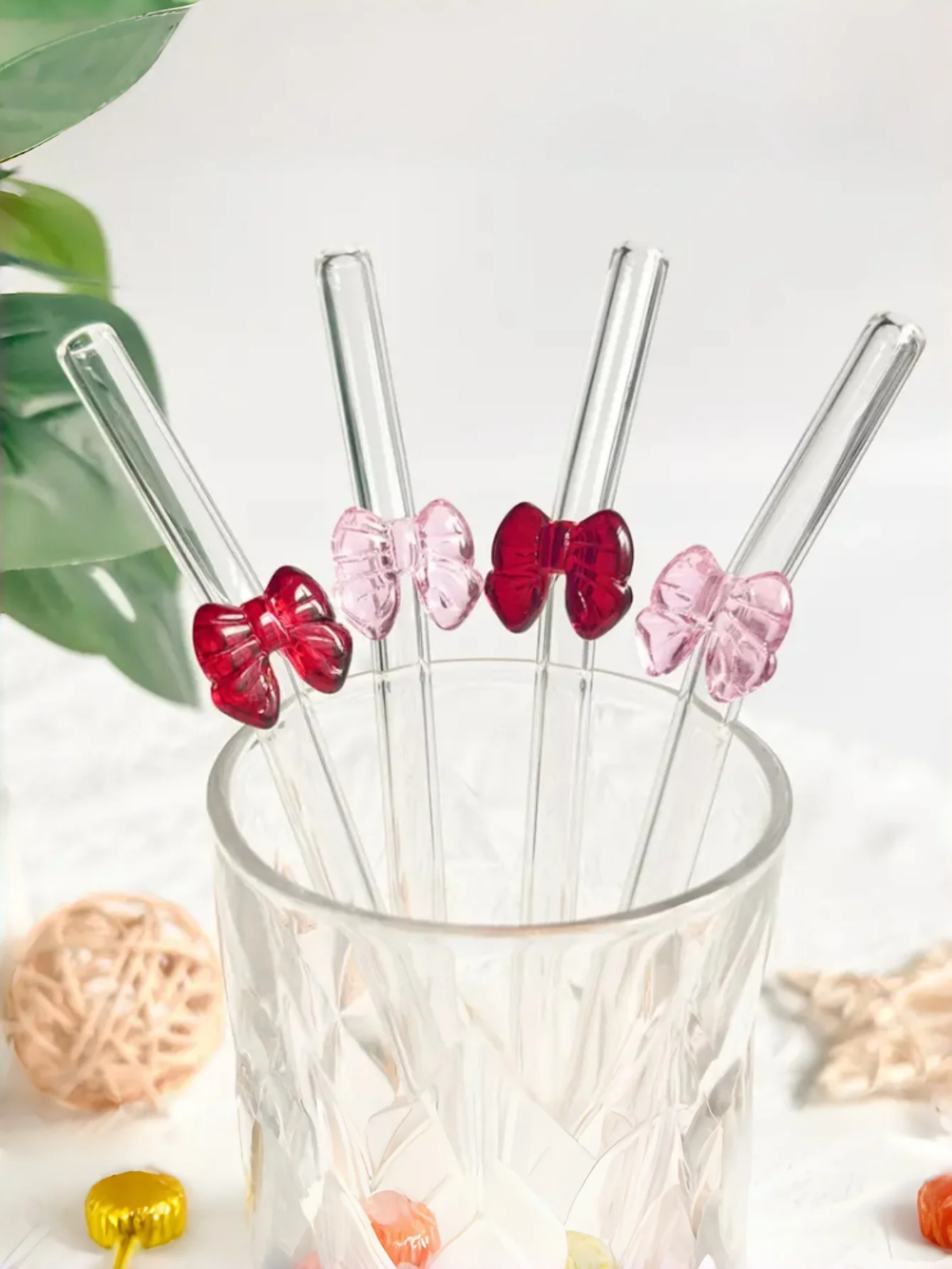 1/3/7PCS Elegant Reusable Bent Glass Straw, & Bow Design, Ideal for Milk Tea Cocktails Drinks, Festive Party Atmosphere Gift