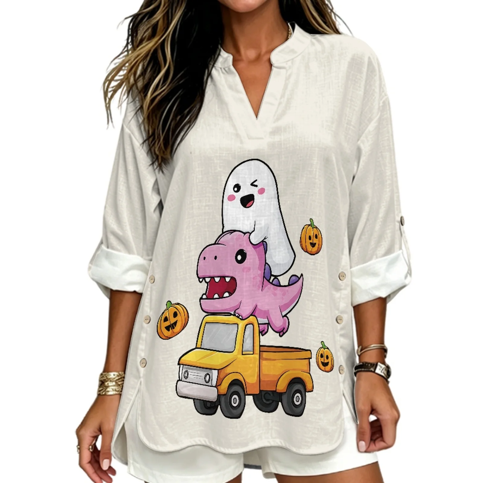 INSTANTARTS Camisa de Lino con Cuello en V para Mujer, Camiseta de Manga Corta, Ropa de Tallas Grandes, Poleras, Blusas de Color Sólido para Otoño