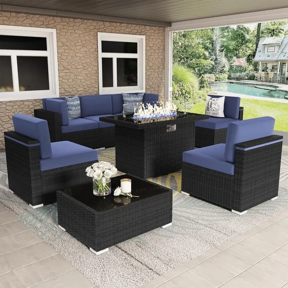 

7/8/10 Piec Furniture Set with 44" Propane Gas Fire Pit Table, Outdoor Sectional Wicker Conversation Sofa Sets with Coffee Table