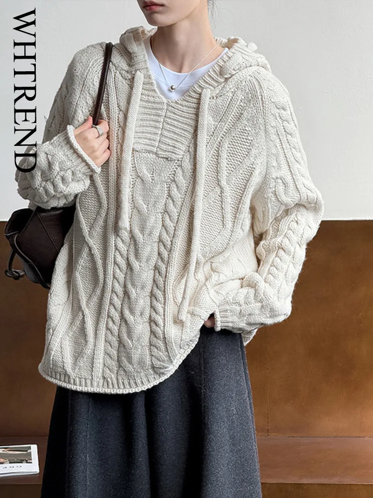 

WHTREND Autumn Winter New Niche Hooded Knitted Sweater For Women Loose Casual New Style Twist Pullover Top WH1838