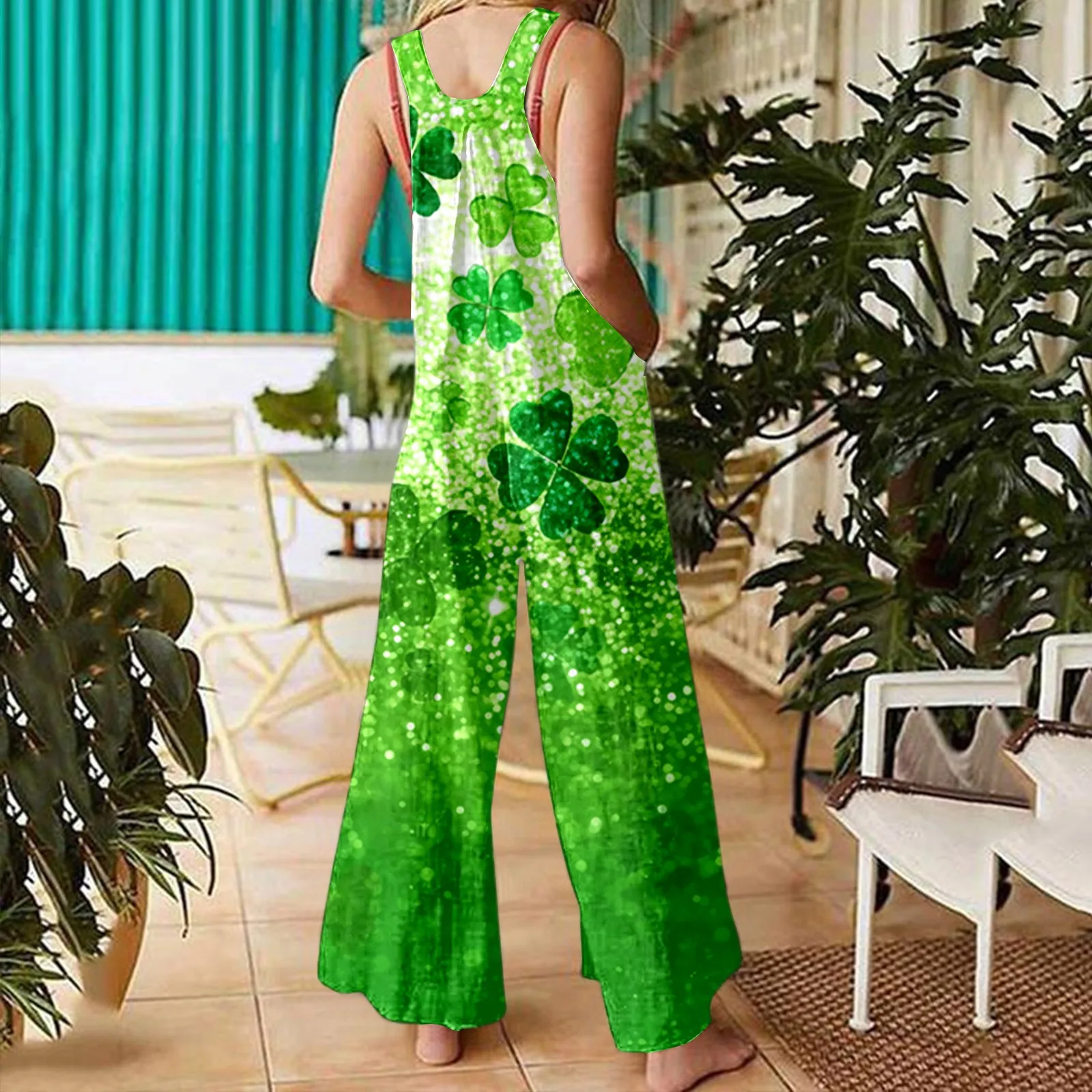 2025 Fashion Women St.Patrick's Day Jumpsuit Casual Green Clover Leaves Printed Jumpsuit Trousers Irish Sleeveless Strap Rompers