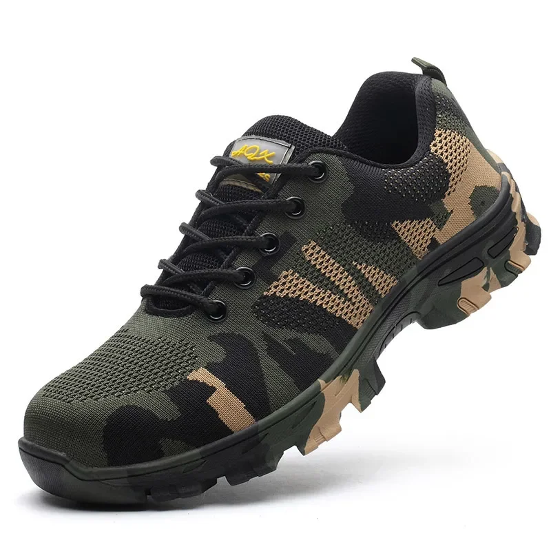 Camouflage Fashion Safety Shoes Flying Woven Breathable Penetration Steels Toe Cap Tendon Durable Work Shoes Protective Footwear