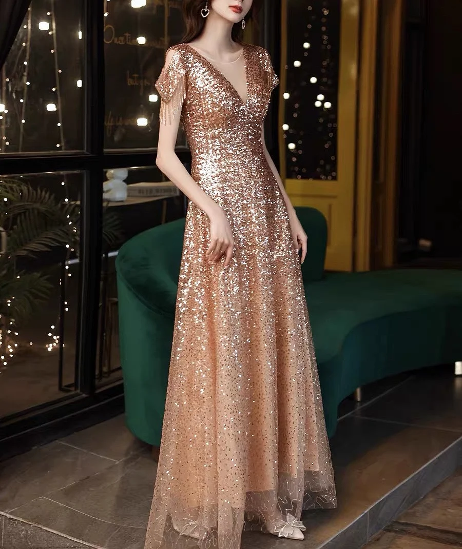 الذهب فساتين لحضور الحفلات الموسيقية الفاخرة س الرقبة ألف خط بلينغ الديكور الترتر شرابة الأكمام الطابق طول مأدبة الزفاف المشاهير فساتين السهرة