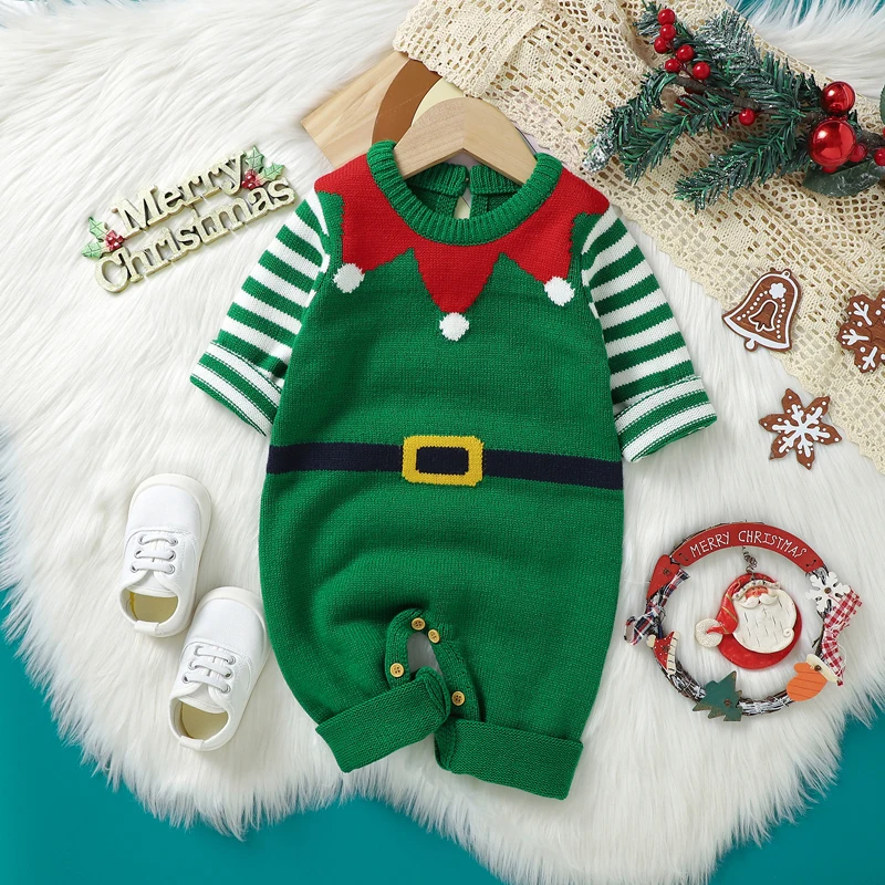 Baby Christmas Knit Jumpsuit Belt and Stripe Print Long Sleeve Crew Neck Jumpsuit Festive Striped Christmas Hat Jacquard Costume