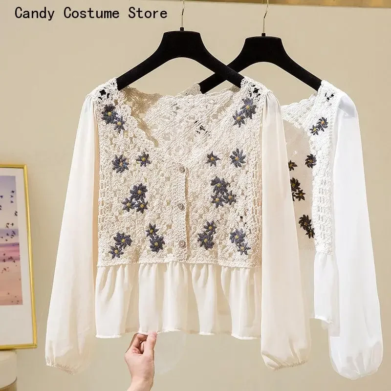 

Vintage Ladies Fashion T-shirt Female Spring Daisy Embroidery Shirt Women Blouses Versatile Long Sleeve Top Clothing Crop Korean