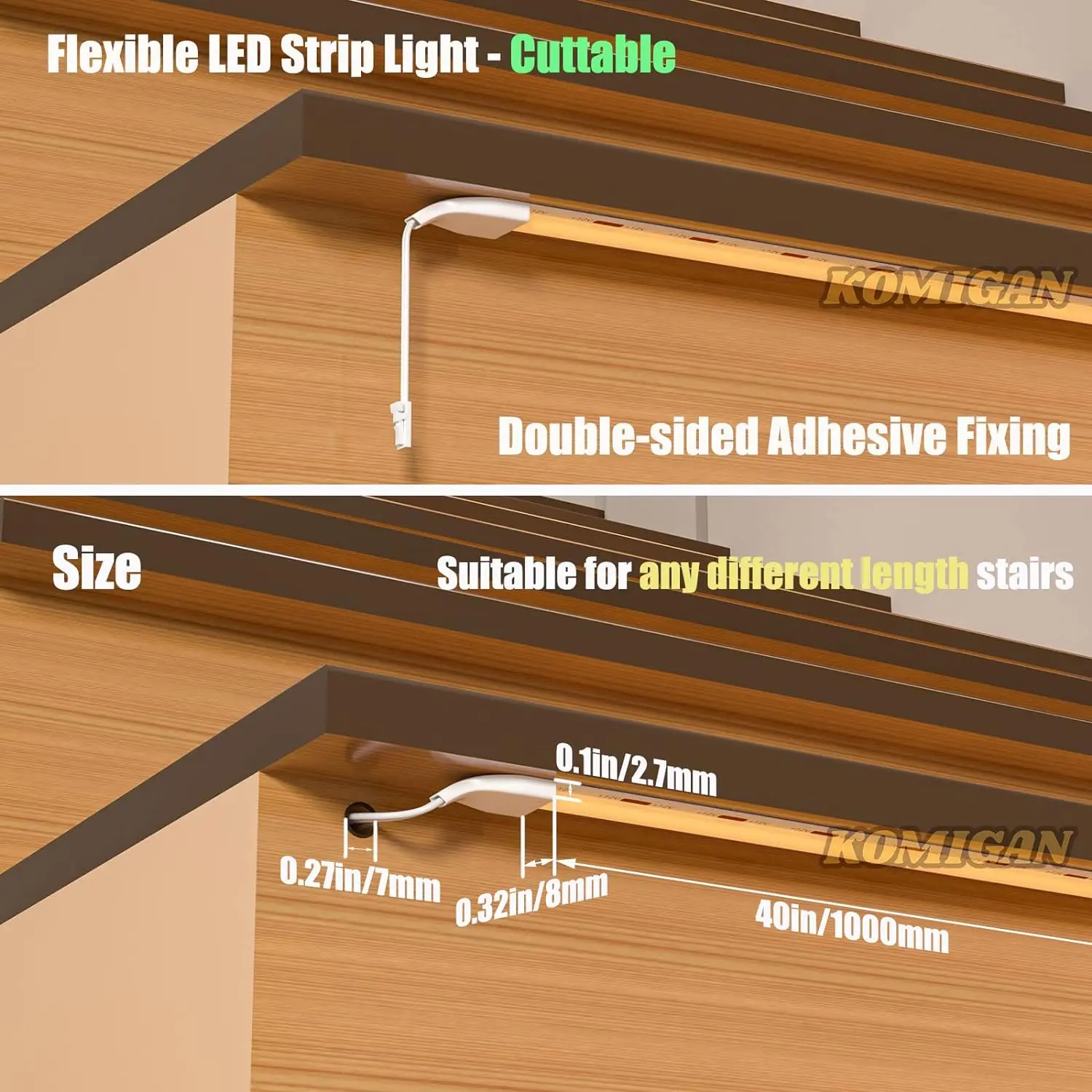 Imagem -04 - Komigan-intelligent Motion Sensor Led Strip Light para Interior Kit de Iluminação Escada Longo Cortável 40 100 cm Kmg3233