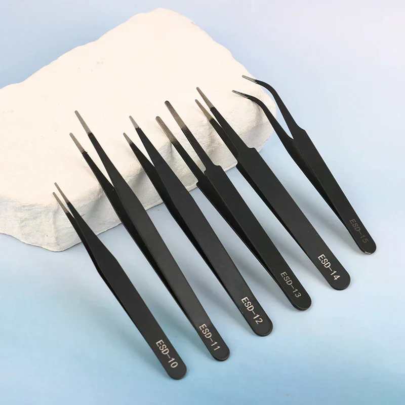 Precision ESD Anti-static Tweezers Set -6-pc Durable Stainless Steel Tool For Electronic Repair And Process Modeling, Bending&S