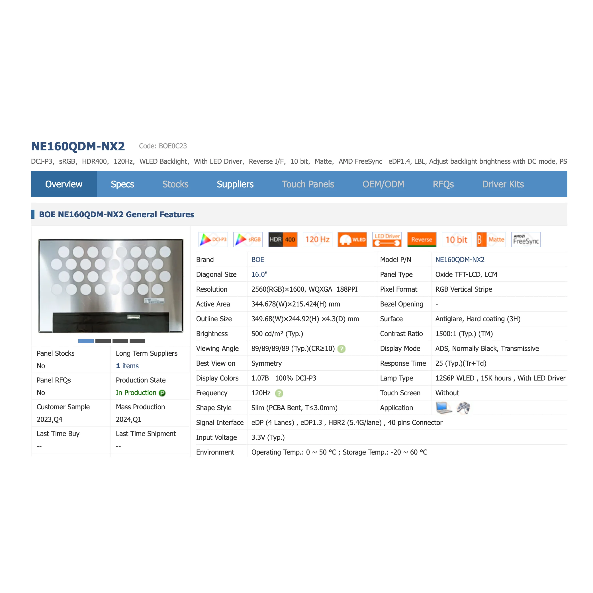 

NE160QDM-NX2 V18.1 16.0'' Original Display 120HZ 40 pins IPS 2560x1600 Panel Matrix Laptop LCD screen NEW