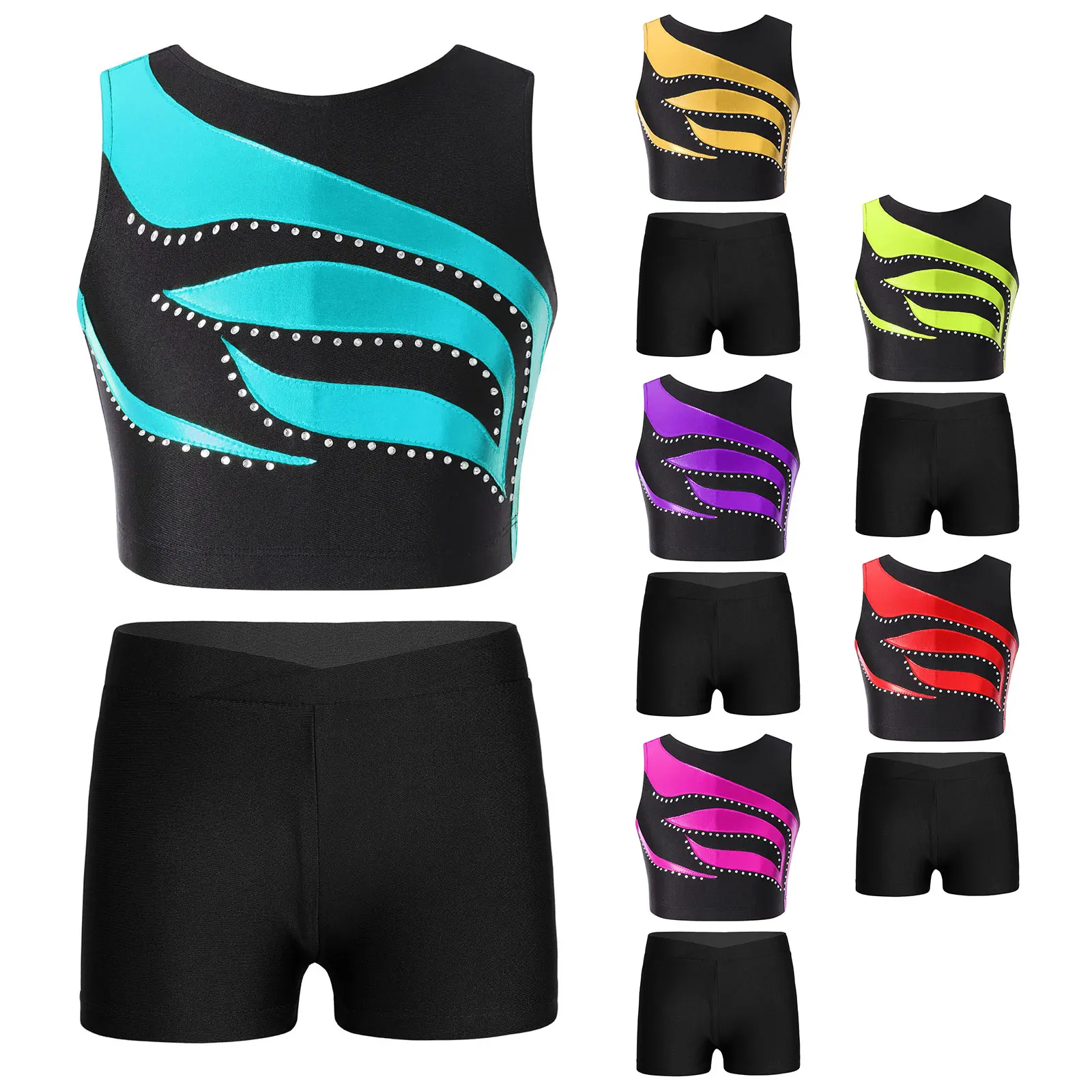 Kids Girls Patchwork Dance Outfits Shiny Rhinestones Decorated Crop Top with V-front Waistband Shorts for Gymnastic Workout