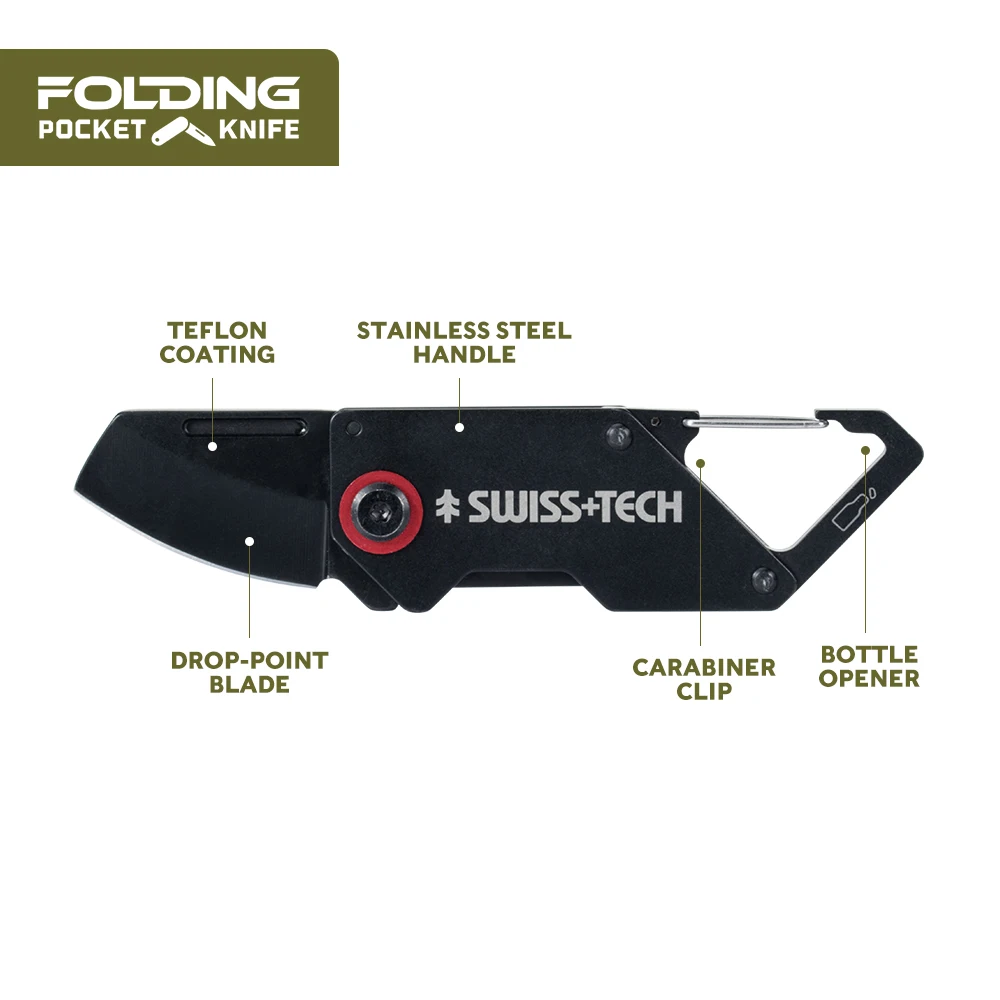 SWISS TECH Mini Folding Knife Multitool Pocket Knives With Carabiner Clip Camping EDC Portable Keyring Box Cutter Bottle Opener