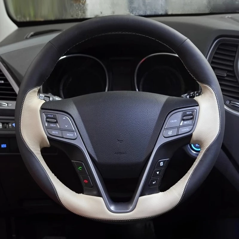 

For Hyundai Santa Fe 2013-2015 Ix45 Car accessories Hand Stitched black white non-slip Genuine Leather Car Steering Wheel Cover