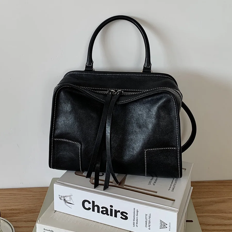 Sacs Boston en cuir véritable de vache pour femmes, sac à main et sac à main de luxe de styliste, no