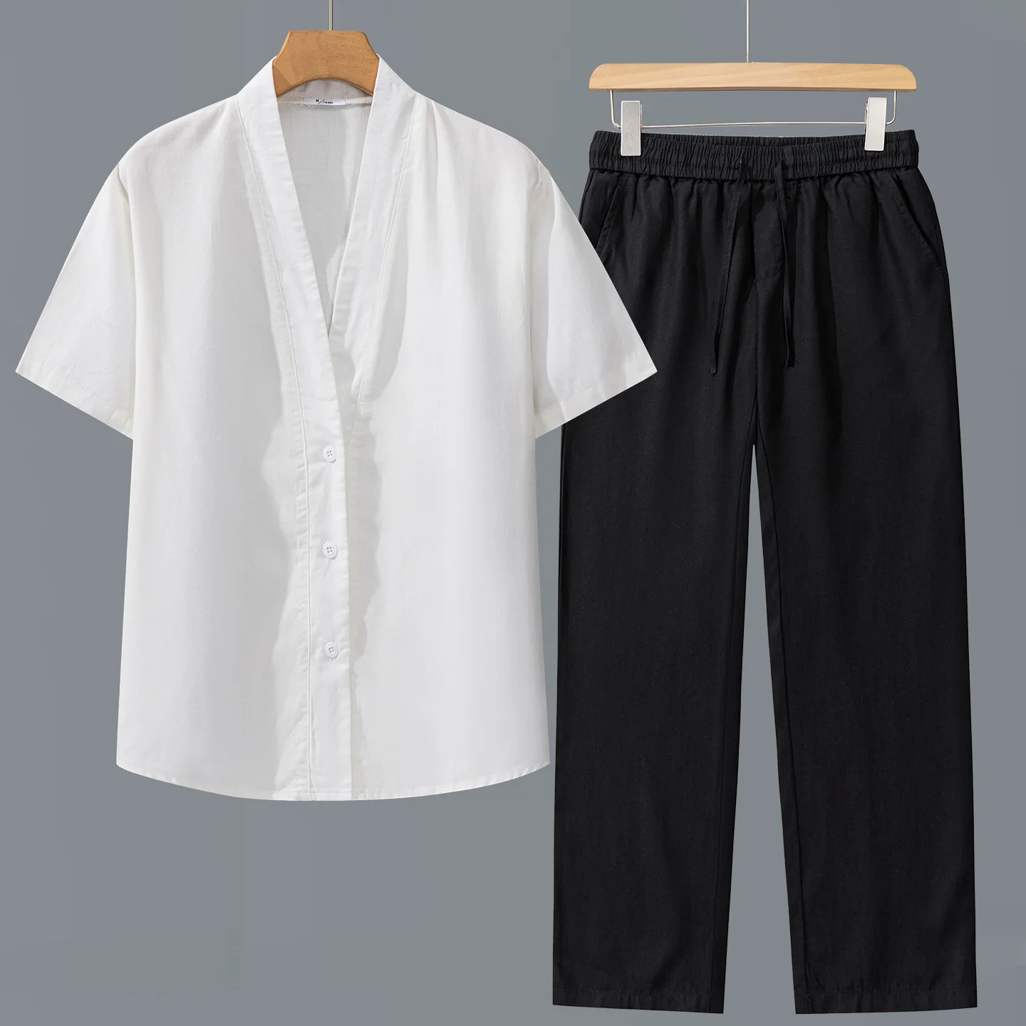 Men's Summer Thin Lyocell Linen Set Casual Loose Breathable Shirt Short Sleeve round Collar Open Cardigan Soft Skin-Friendly