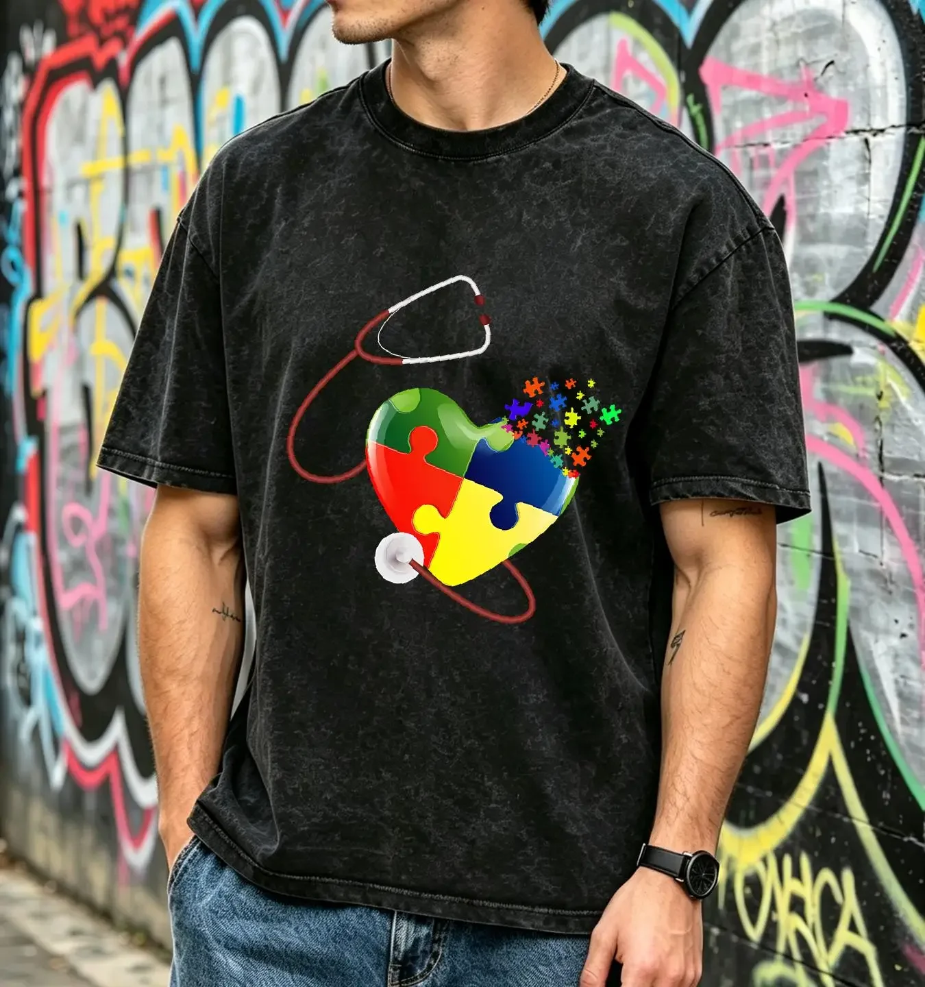 washed T Shirt Funny Nurse Autism Puzzle Stethoscope Heart Awareness S 5XL vintage Washed Top For Everyday Wear Casual
