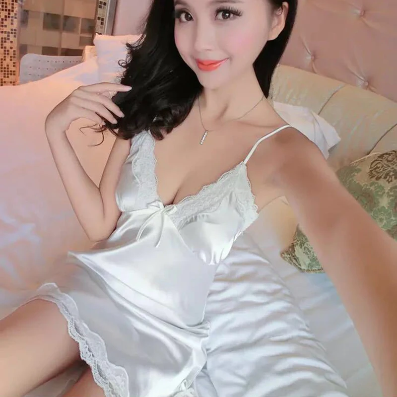 Women Bowknot Lace Sexy Silk Sleepwear Dress Lace Suspender Nightdress Silk Satin Nightdress Loungewear Side Bow