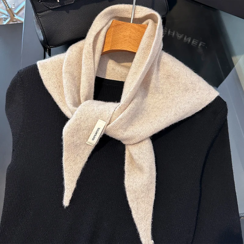 Gestrickter Schal für Damen, 100 % Wolle, warme Winterschals, helles einfarbiges Design, verdickter Schal, weicher Dreieck-Pashmina-Ausschnitt, 2025, NEU