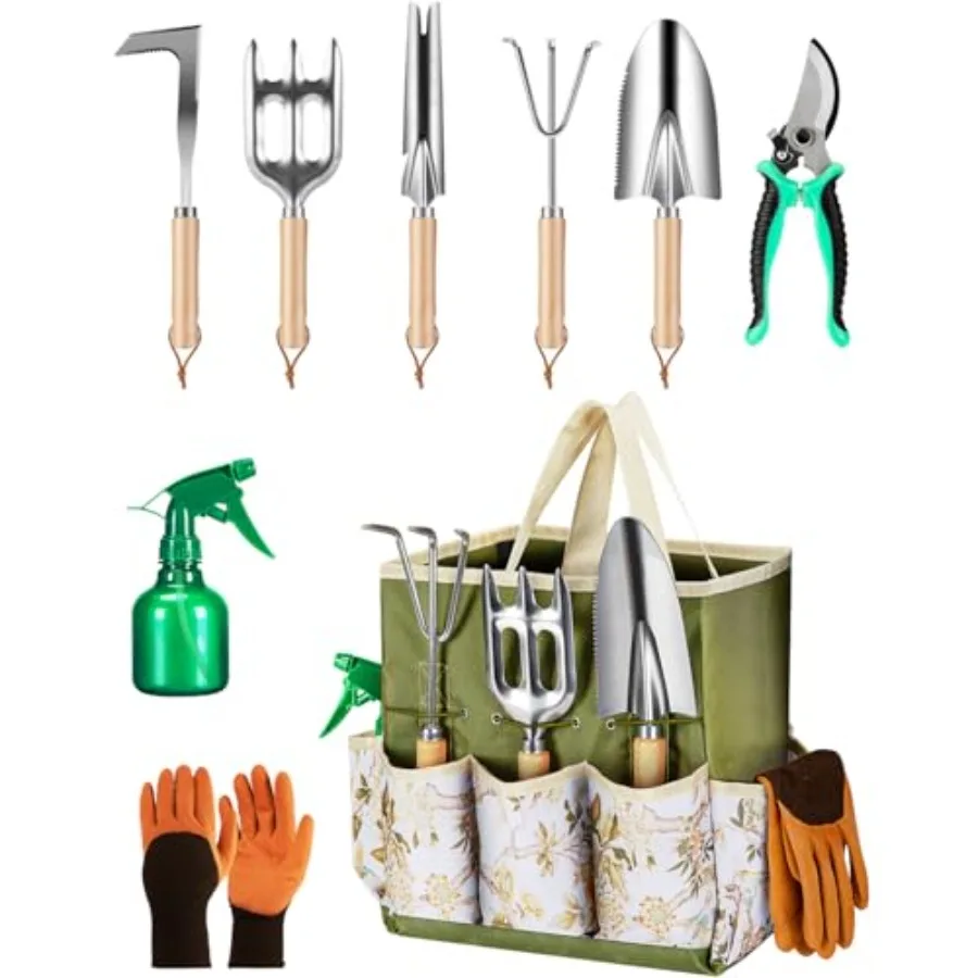 

Garden Pitchfork Included 9Piece Premium Gardening Tool Set for Women: Heavy Duty Stainless Steel RustProof Tools with Fashion