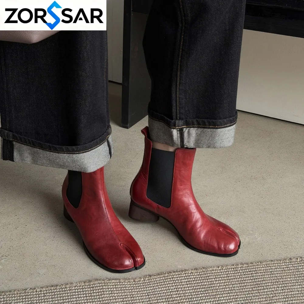 Luxury Design Fashion Split Toe Shoes 2026 Autumn Winter New Ankle Boots Genuine Leather Chunky High Heel Women's Boots