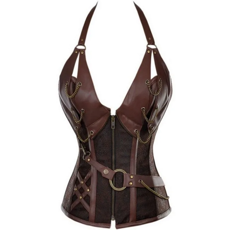 Vintage Palace Steampunk Corset for Women Gothic Faux Leather Strap Bustier Steel Boned Lace Up Waist Shaper Nightclub Party