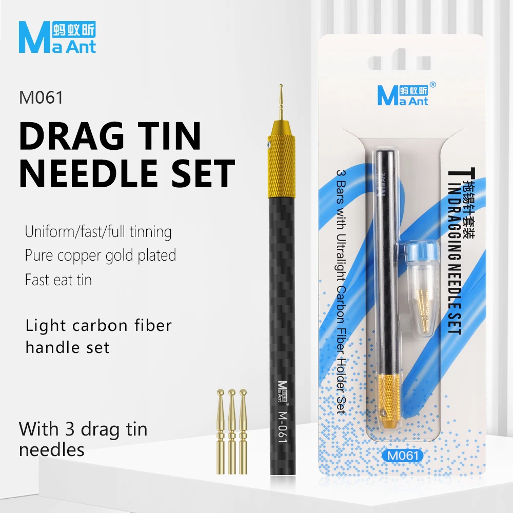 MaAnt M061 Gold Plated Tin Drag Needle Set FPC Connector Reballing Solder with 3 Bars Quick Tinning Carbon Fiber Holder Set