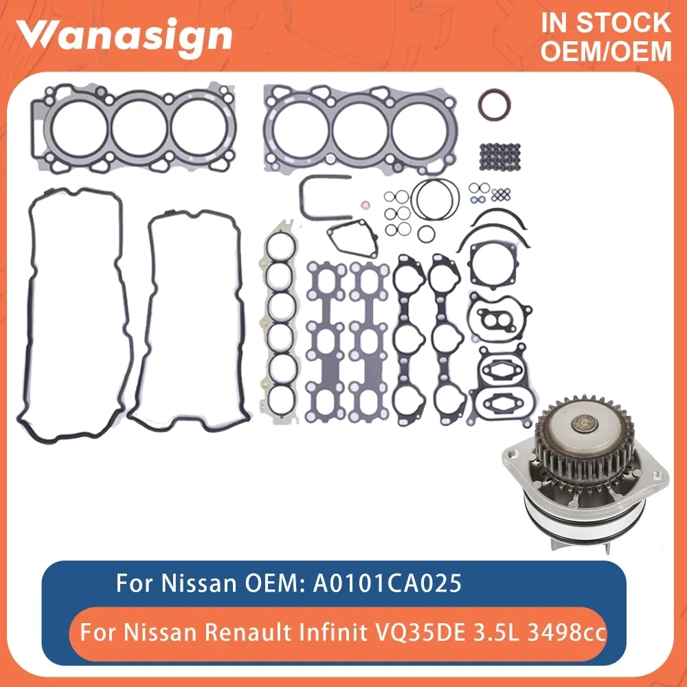 Engine Full Gasket Set & Water Pump Fit 3.5 L VQ35DE For Nissan Fuga 350 Renault Infiniti QX4 V4Y701 711 715 3.5L 3498cc 99-13