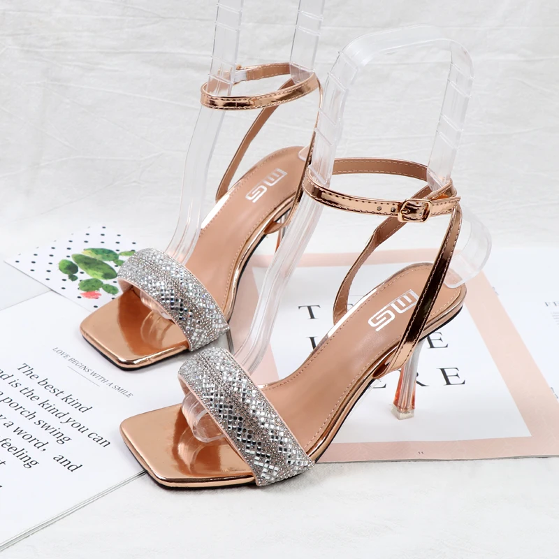 sandals woman summer 2022 new rhinestones with high-heeled sandals square toe fashion Joker strap women's shoes thin heels