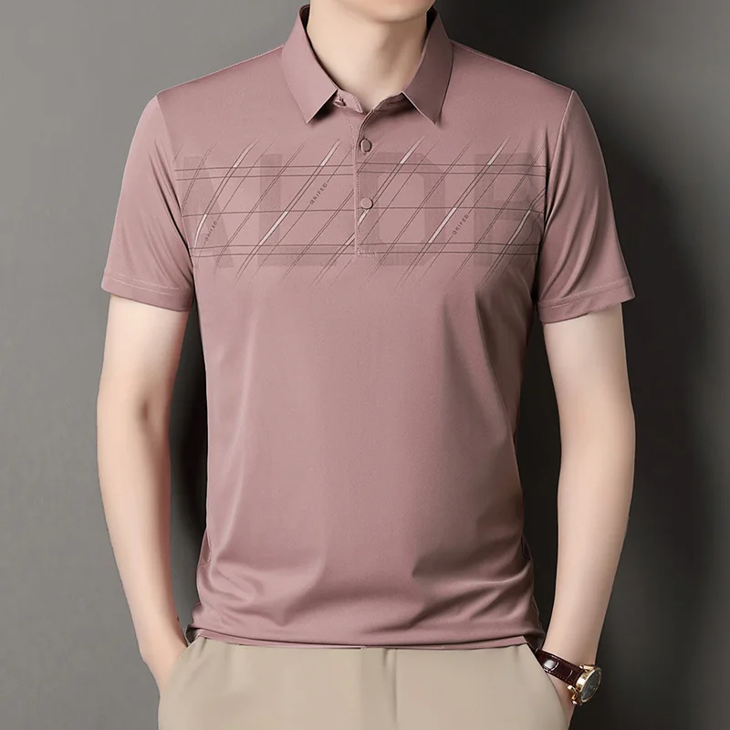 Summer Men Short Sleeve Polo Shirt Thin Business Casual Turn Down Collar Loose Fit Color Block Print
