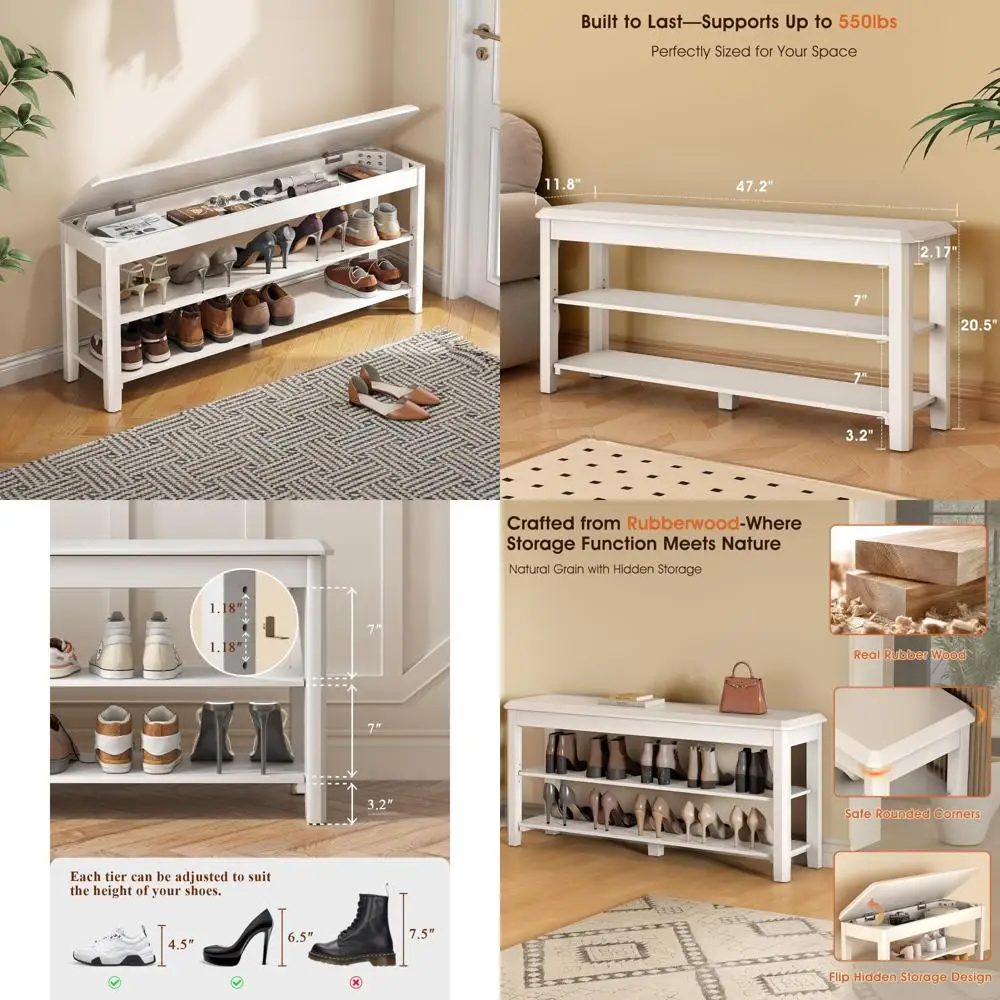 

Mid-Century Modern 2-Tier Rubberwood Shoe Rack Bench with 550lbs Capacity for Compact Storage in Entryways and Hallways