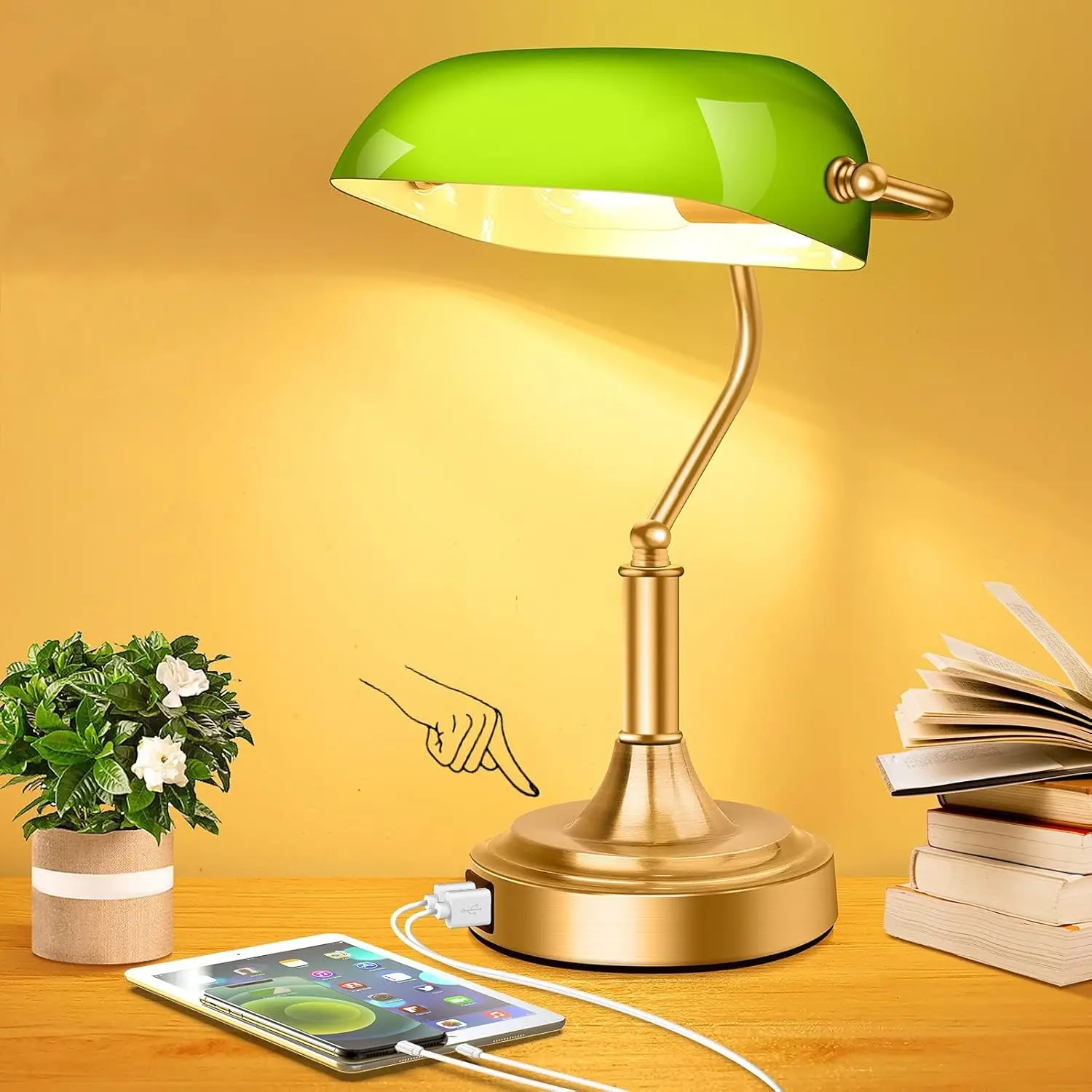 

Vintage Green Glass Desk Lamp with USB Ports, Touch Control & Dimmable LED for Home Office