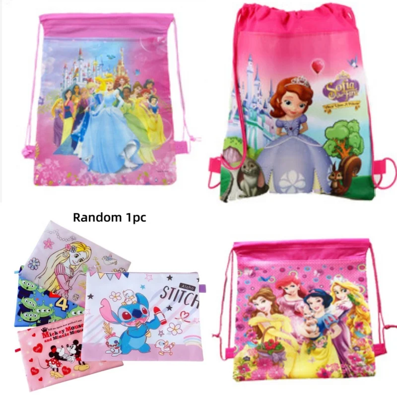 Disney Cartoon Lilo&Stitch Drawstring Pocket Figure Cute Mickey Mouse Princess Series Prints Drawstring Organizer Book Bag Gifts