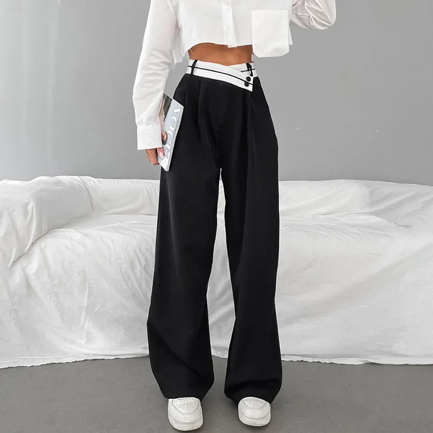 

Patchwork Wide Leg Pants Women Black Contrast Casual High Waist Pants Autumn Winter 2023 Baggy Trouser Office Ladies