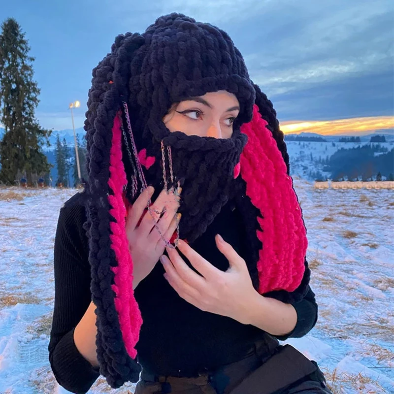 

Long Rabbit Ear Funny Balaclava Hat Winter Thicken Warm Hand Made knitted Beanie Halloween Party Ski Mask Skullies Cap