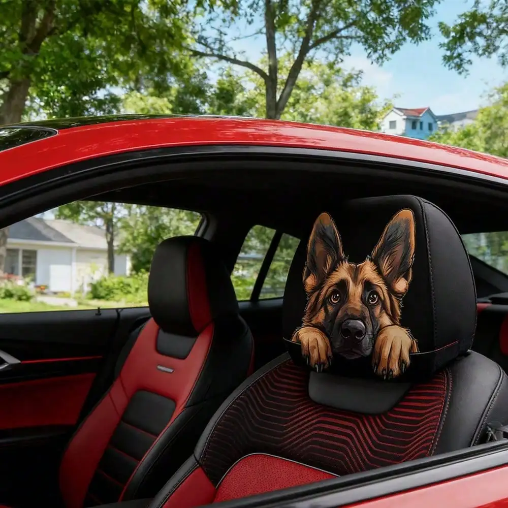 2Pcs German Shepherd Car Headrest Covers, Cute 3D Pet Printed Seat Headrest Protectors, Universal Auto Interior Accessories