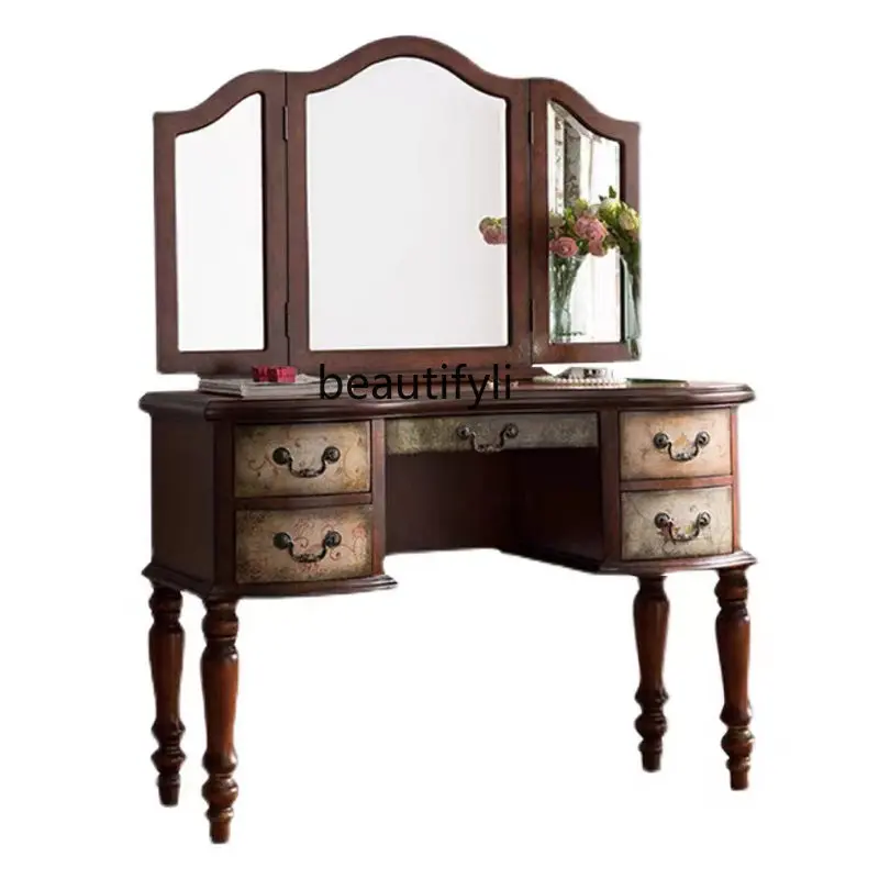 

American Country Dresser Solid Wood Bedroom Makeup Table Master Bedroom Adult Dresser Studio Folding Mirror Makeup Table