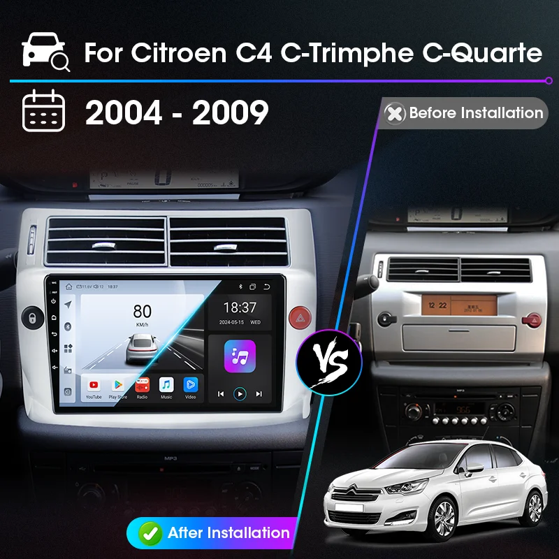 Radio de Coche Android 2 Din para Citroen C4 C-Triomphe Quatre 2004-2014, Accesorios para Coche, Carplay, Navegación Multimedia, Unidad Principal 4G