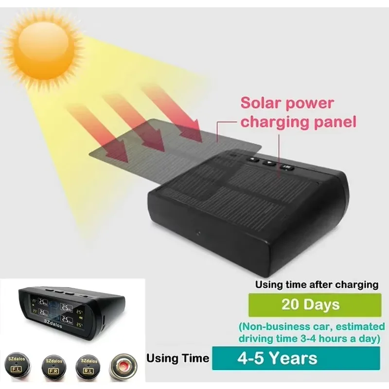 

NEW In Stock Smart car TPMS tire pressure monitoring system solar digital clock LCD display tire pressure temperature safety ala