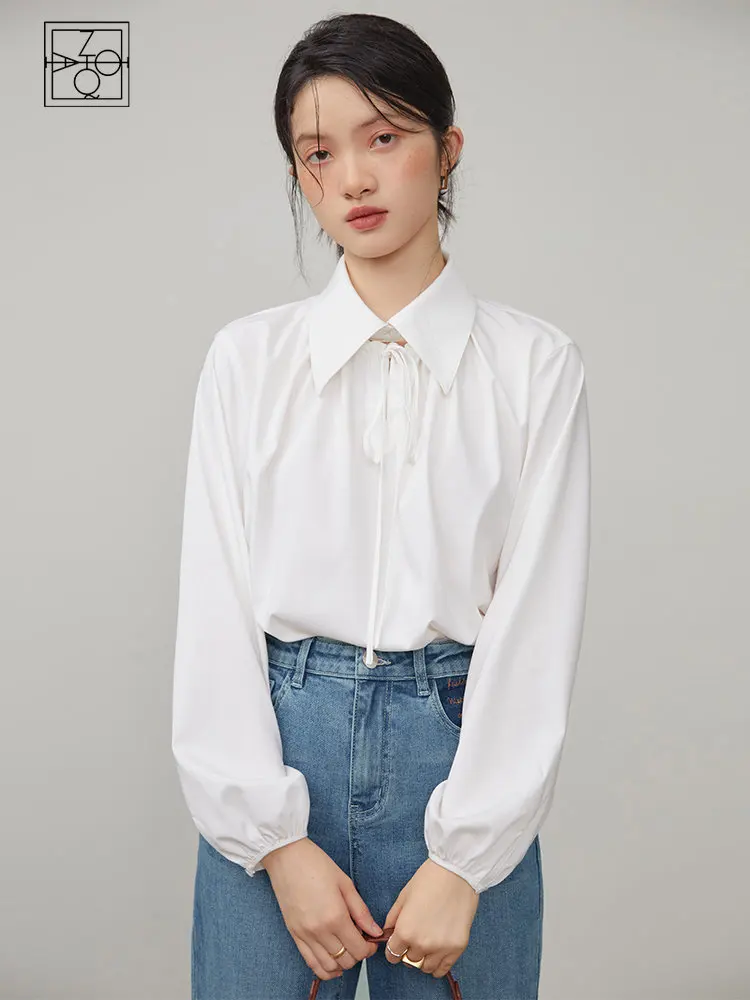 

ZIQIAO Lapel Detachable White Shirt for Women Design Sense Niche Spring New French Top Lantern Sleeves Elegant Shirt for Female