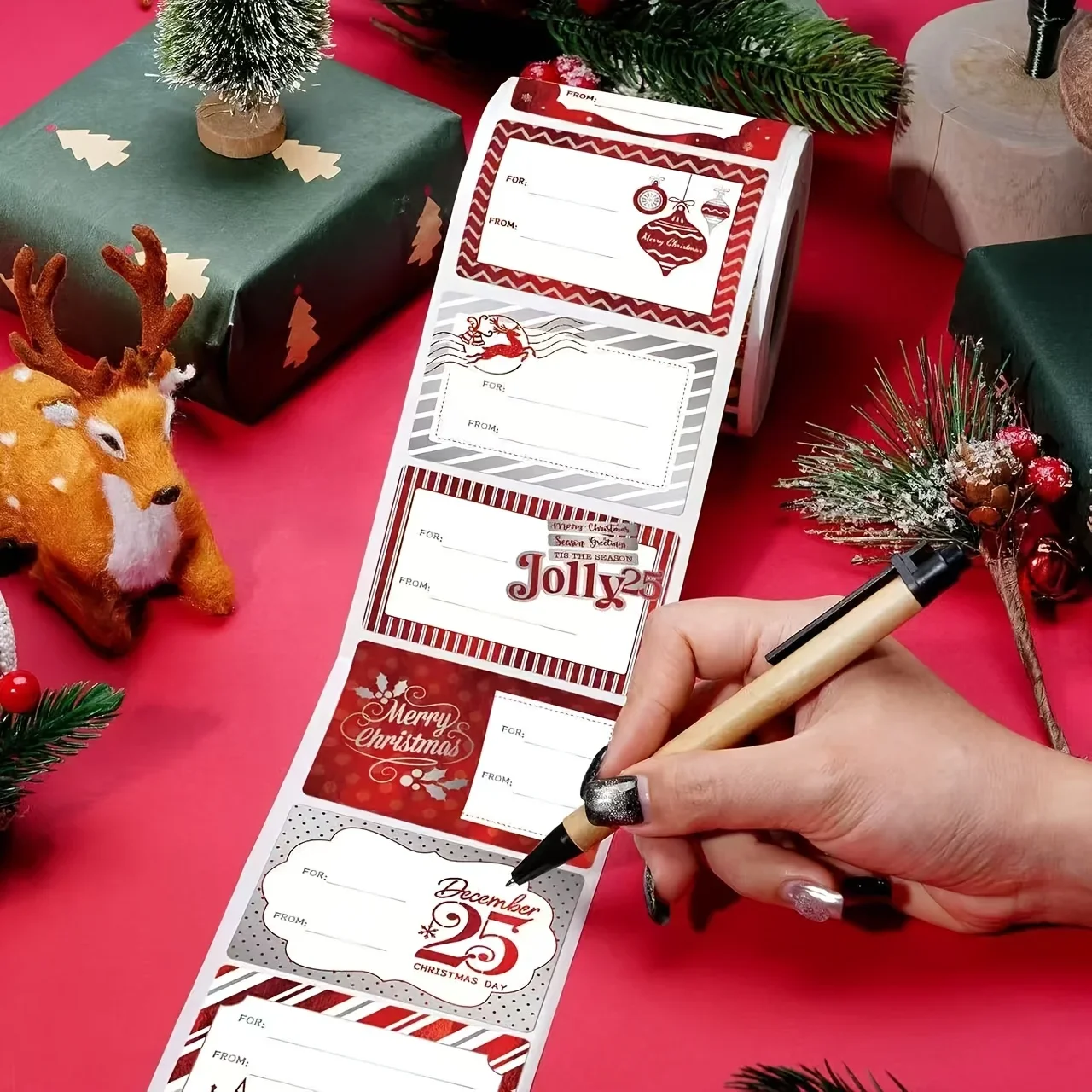 300pcs Christmas Gift Name Tag Stickers Roll, 8 Vintage Assorted Designs, Holiday Wrapping Stickers for Gift Boxes Envelopes
